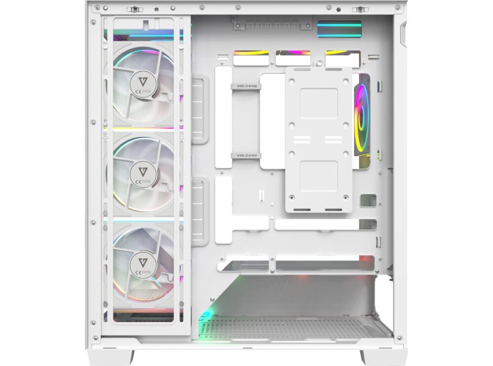 Obudowa MODECOM Volcano Stellar Plus ARGB 8F Midi Widok wnętrza obudowy od strony serwisowej po zdjęciu panelu bocznego, ukazujący system zarządzania okablowaniem i miejsca montażowe na dyski