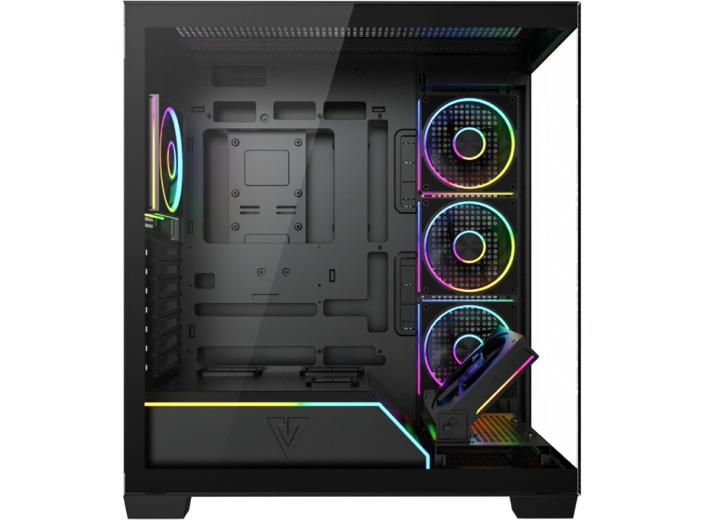 Obudowa MODECOM Volcano Stellar Plus ARGB 5F Midi Widok z boku czarnej obudowy komputerowej z przeszklonym panelem bocznym, ukazujący wnętrze z podświetlanymi wentylatorami RGB zamontowanymi na przodzie, górze i dole