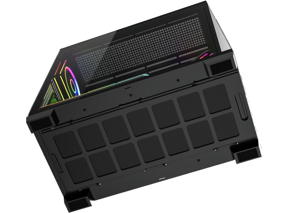 Obudowa MODECOM Volcano Stellar Plus ARGB 5F Midi Widok od dołu obudowy prezentujący duży filtr przeciwkurzowy oraz widoczne za nim trzy podświetlane wentylatory