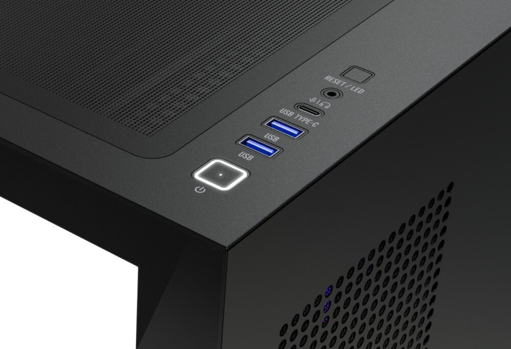 Obudowa MODECOM Volcano Stellar Plus ARGB 5F Midi Zbliżenie na górny panel sterujący obudowy, zawierający podświetlany włącznik, dwa porty USB, jeden port USB-C oraz gniazdo słuchawkowe