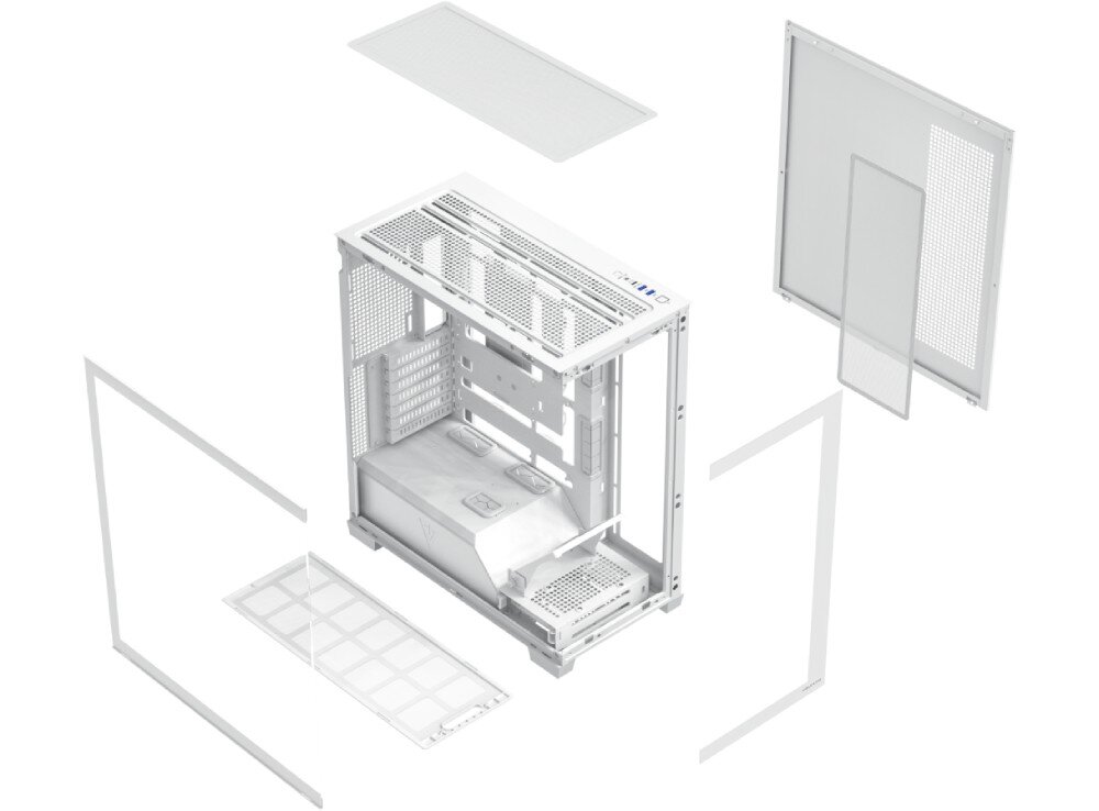Obudowa MODECOM Volcano Stellar Plus Midi Schemat graficzny rozłożonej na części obudowy komputerowej, prezentujący poszczególne elementy konstrukcyjne, takie jak szkielet, panele ze szkła i metalu oraz filtry