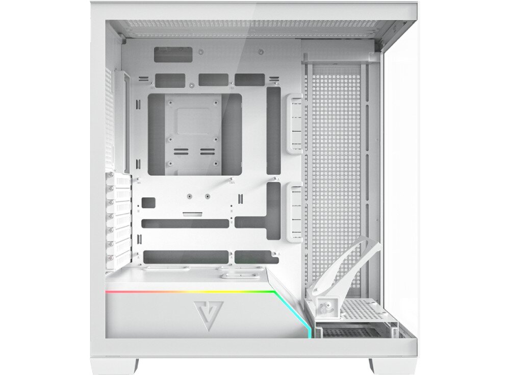Obudowa MODECOM Volcano Stellar Plus Midi Widok z boku białej obudowy komputerowej z przeszklonym panelem bocznym, ukazujący wnętrze z podświetlanymi wentylatorami RGB zamontowanymi na przodzie, górze i dole