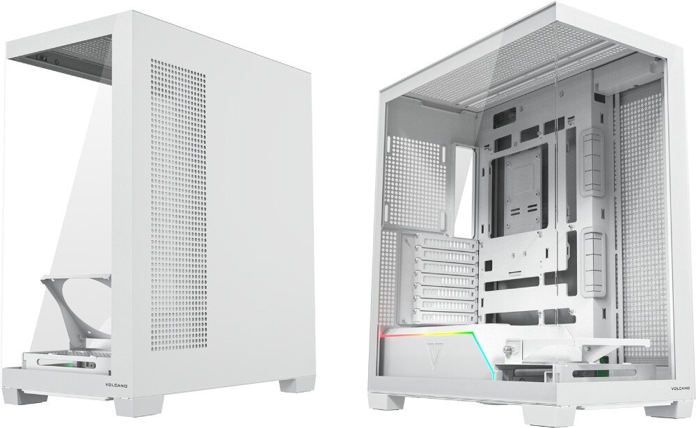 Obudowa MODECOM Volcano Stellar Plus Midi Dwa ujęcia białej obudowy na białym tle, ukazujące jej wygląd z lewej i prawej strony z widocznym kolorowym podświetleniem wentylatorów
