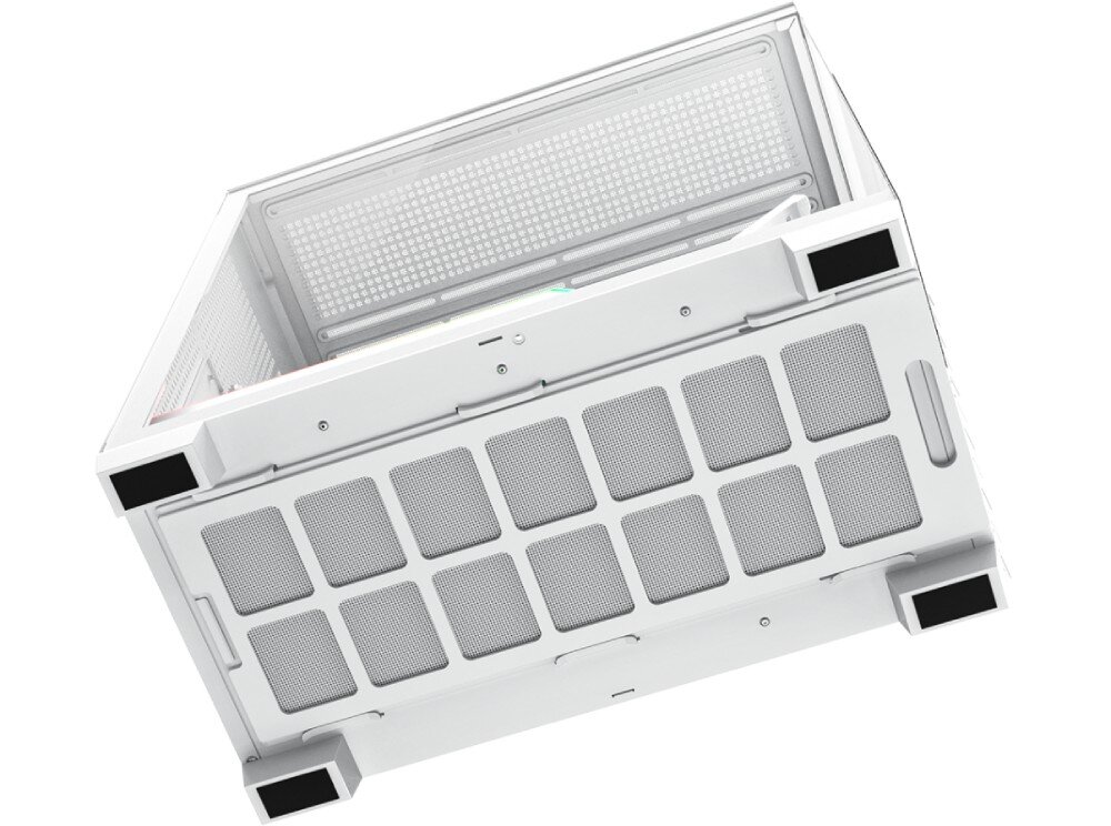 Obudowa MODECOM Volcano Stellar Plus Midi Widok od dołu obudowy prezentujący duży filtr przeciwkurzowy oraz widoczne za nim trzy podświetlane wentylatory