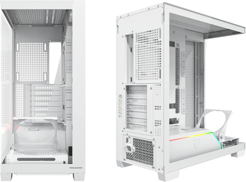 Obudowa MODECOM Volcano Stellar Plus Midi Zestawienie dwóch widoków obudowy, przedstawiające ją od strony przeszklonego frontu oraz od tyłu z widocznymi śledziami kart rozszerzeń i wentylacją