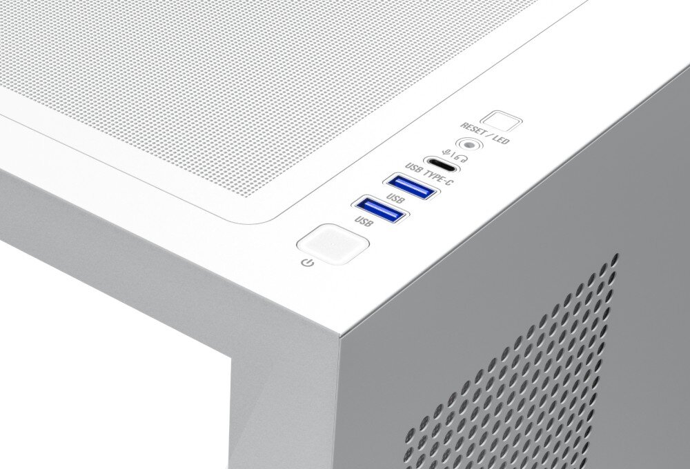 Obudowa MODECOM Volcano Stellar Plus Midi Zbliżenie na górny panel sterujący obudowy, zawierający podświetlany włącznik, dwa porty USB, jeden port USB-C oraz gniazdo słuchawkowe