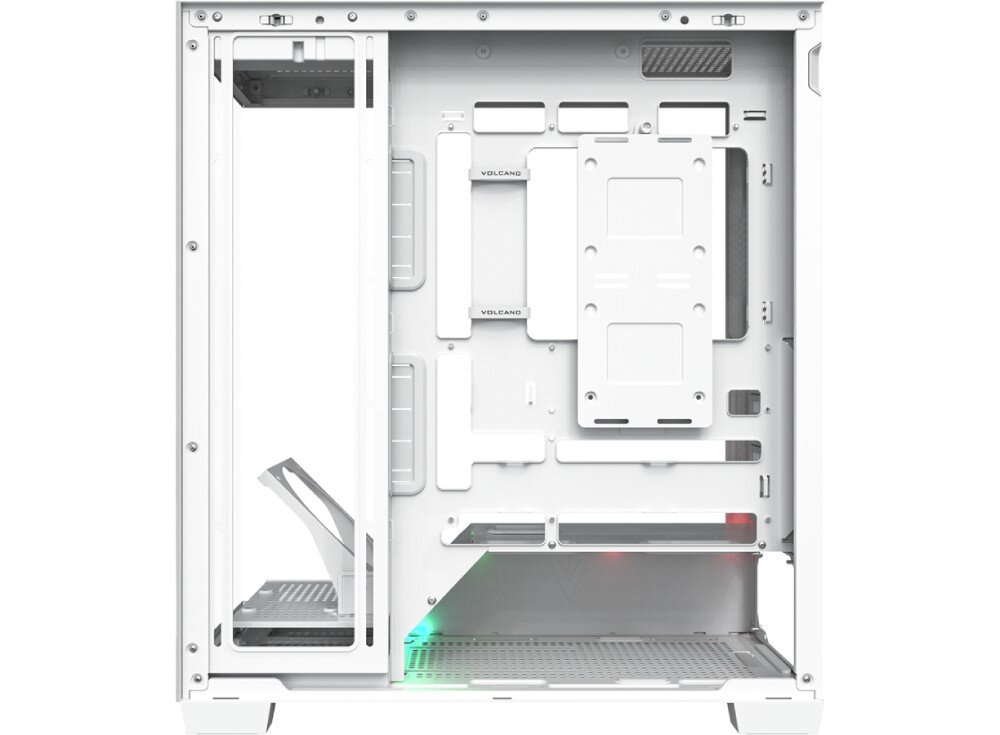 Obudowa MODECOM Volcano Stellar Plus Midi Widok wnętrza obudowy od strony serwisowej po zdjęciu panelu bocznego, ukazujący system zarządzania okablowaniem i miejsca montażowe na dyski