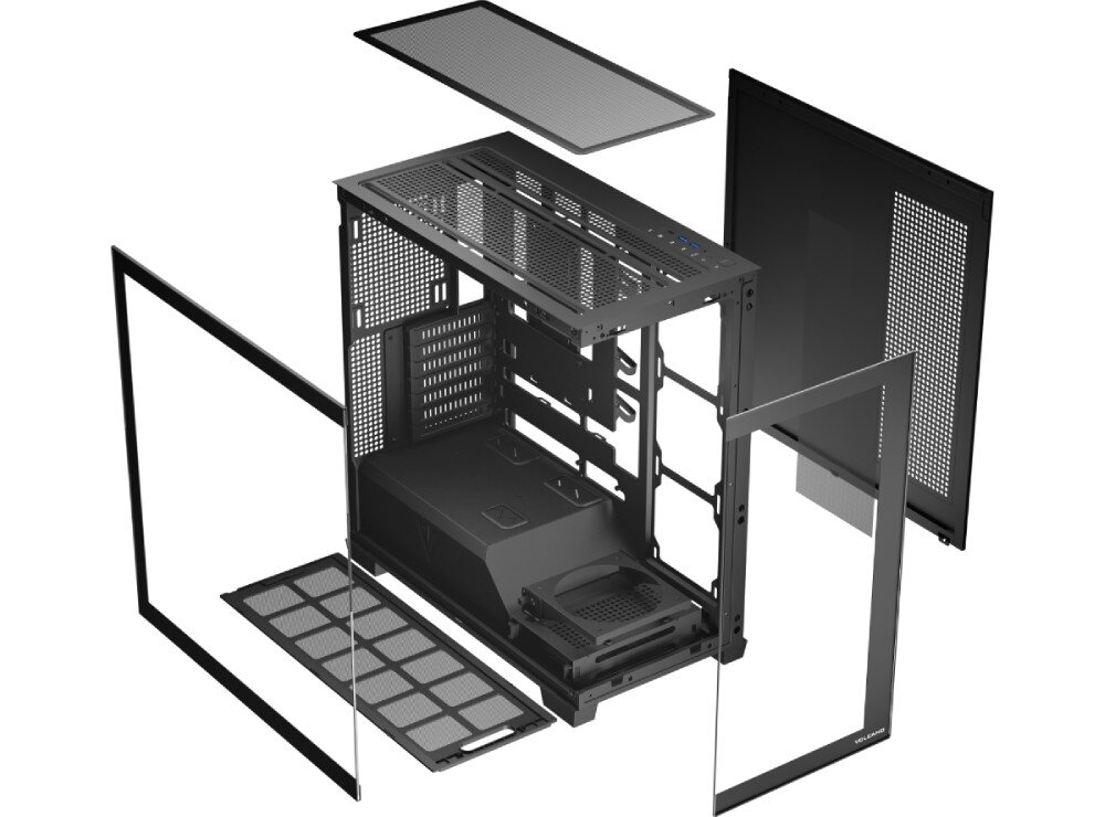 Obudowa MODECOM Volcano Stellar Plus Midi Schemat graficzny rozłożonej na części obudowy komputerowej, prezentujący poszczególne elementy konstrukcyjne, takie jak szkielet, panele ze szkła i metalu oraz filtry