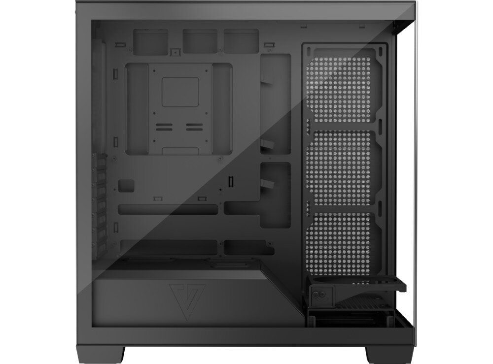 Obudowa MODECOM Volcano Stellar Plus Midi Widok z boku czarnej obudowy komputerowej z przeszklonym panelem bocznym, ukazujący wnętrze z podświetlanymi wentylatorami RGB zamontowanymi na przodzie, górze i dole