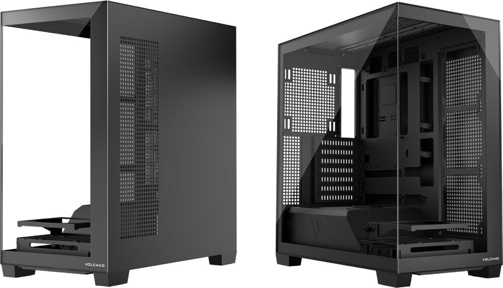 Obudowa MODECOM Volcano Stellar Plus Midi Dwa ujęcia czarnej obudowy na białym tle, ukazujące jej wygląd z lewej i prawej strony z widocznym kolorowym podświetleniem wentylatorów