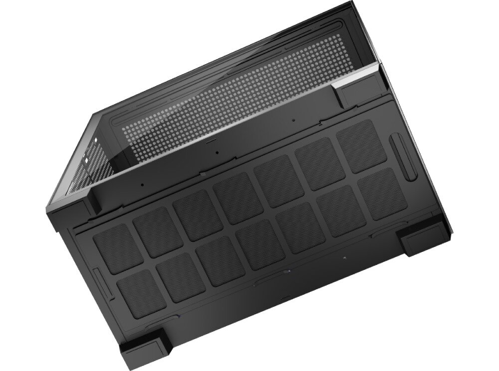 Obudowa MODECOM Volcano Stellar Plus Midi Widok od dołu obudowy prezentujący duży filtr przeciwkurzowy oraz widoczne za nim trzy podświetlane wentylatory