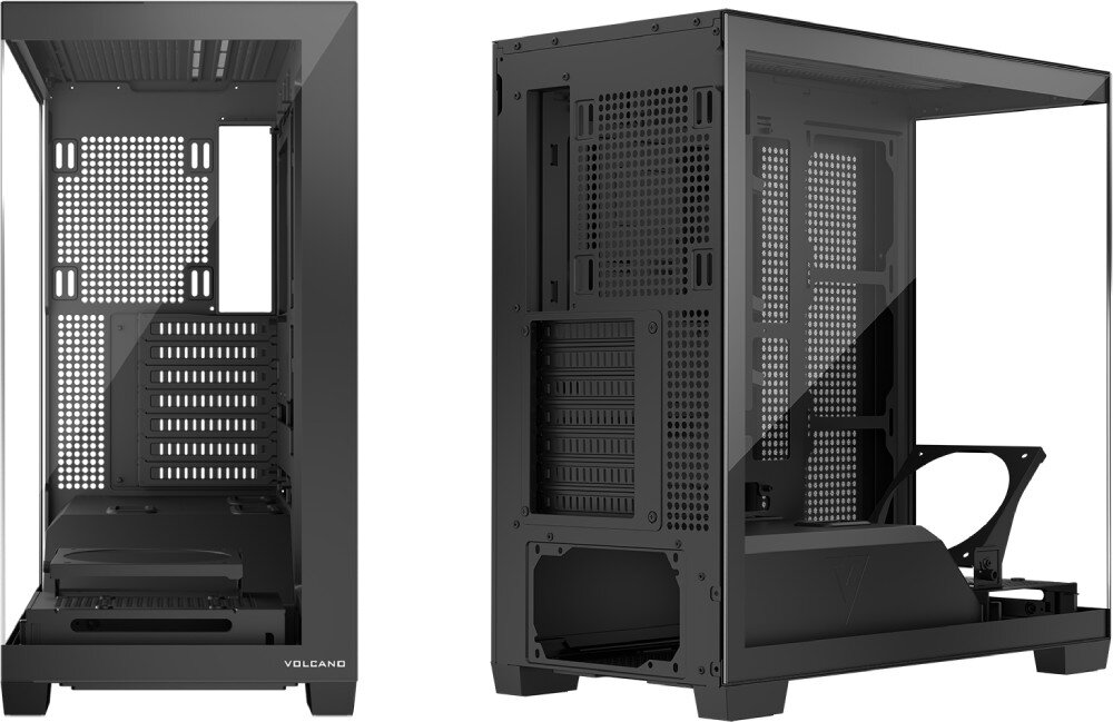 Obudowa MODECOM Volcano Stellar Plus Midi Zestawienie dwóch widoków obudowy, przedstawiające ją od strony przeszklonego frontu oraz od tyłu z widocznymi śledziami kart rozszerzeń i wentylacją