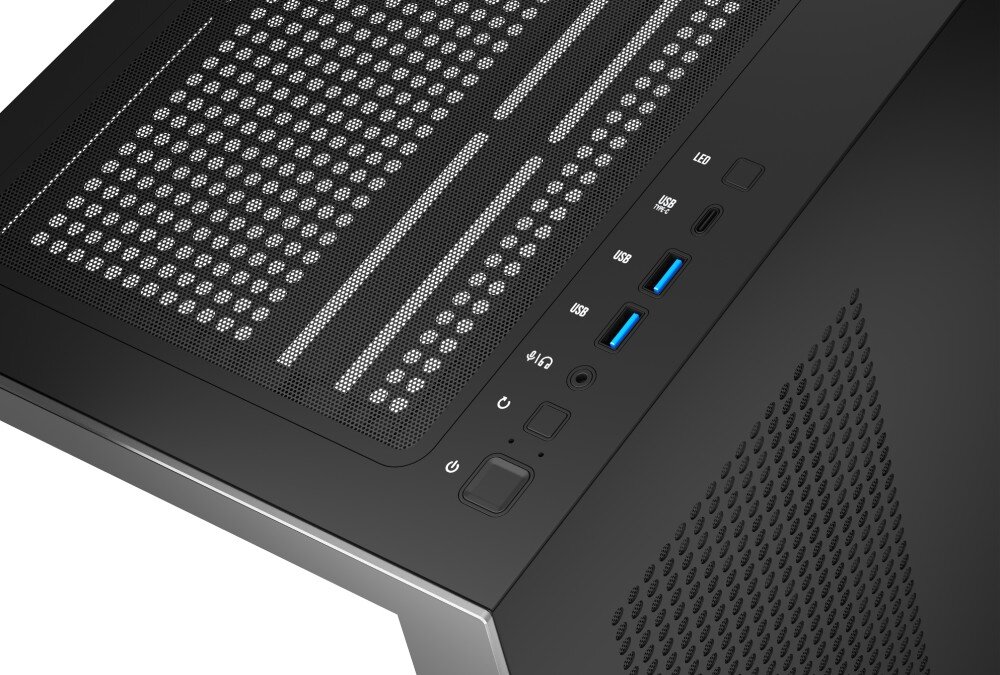 Obudowa MODECOM Volcano Stellar Plus Midi Zbliżenie na górny panel sterujący obudowy, zawierający podświetlany włącznik, dwa porty USB, jeden port USB-C oraz gniazdo słuchawkowe