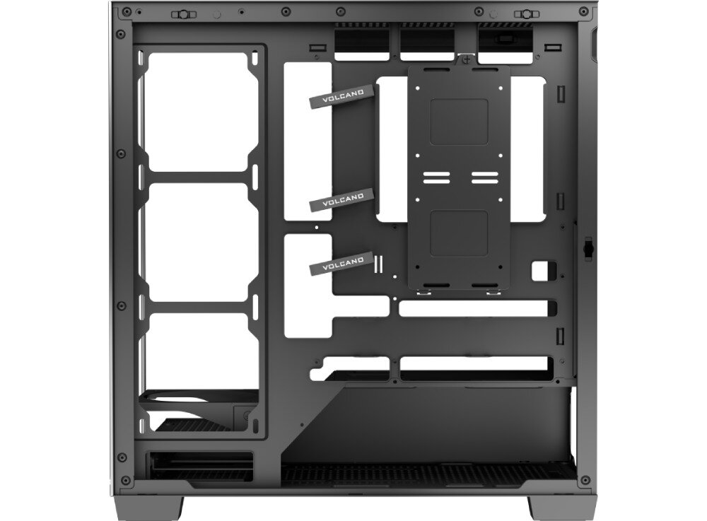 Obudowa MODECOM Volcano Stellar Plus Midi Widok wnętrza obudowy od strony serwisowej po zdjęciu panelu bocznego, ukazujący system zarządzania okablowaniem i miejsca montażowe na dyski