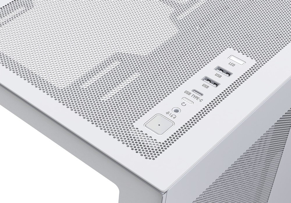 Obudowa MODECOM Volcano Space XL Full Tower NF Detal panelu zewnętrznego z portami umieszczonymi na górze obudowy. Widoczne są od góry: przycisk LED, dwa gniazda USB, port USB typu C, wejście audio oraz duży przycisk zasilania. Całość znajduje się na tle perforowanej powierzchni typu mesh