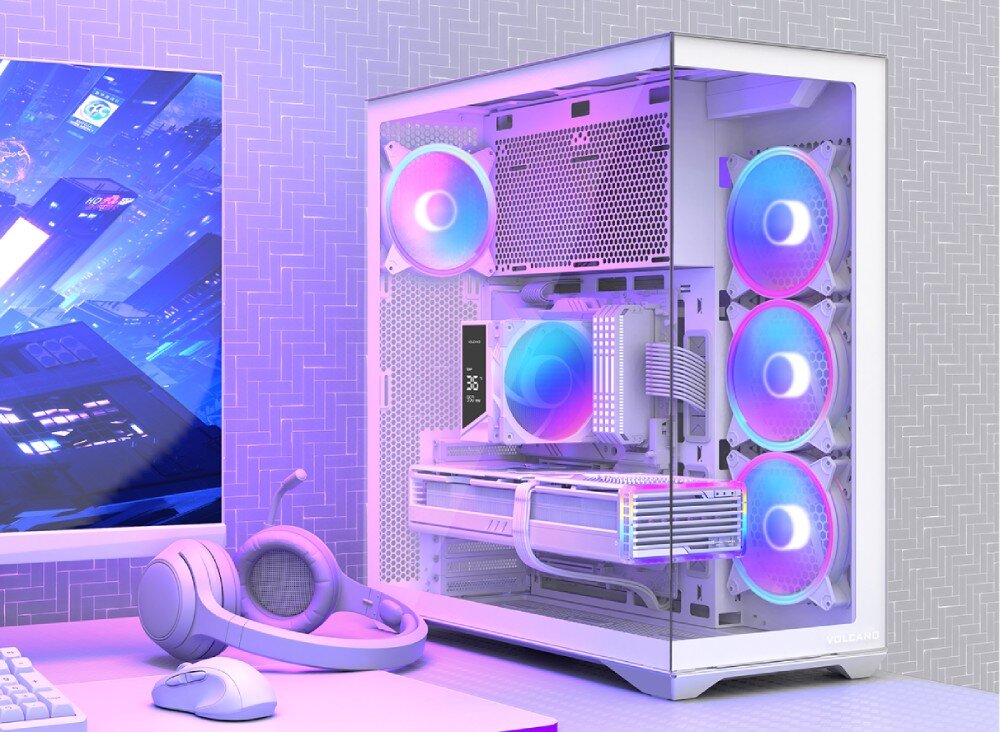 Obudowa MODECOM Volcano Space XL Full Tower NF Widok z góry na obudowę komputerową z panelami ze szkła hartowanego, przez które widać podświetlone podzespoły. Na górnym panelu umieszczono perforowaną siatkę oraz porty wejścia i wyjścia