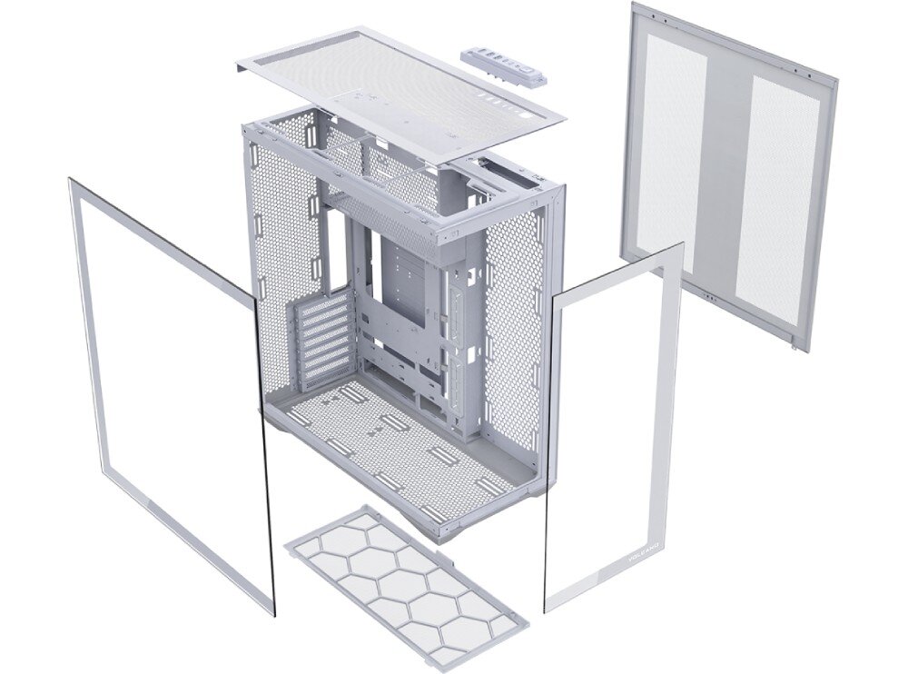 Obudowa MODECOM Volcano Space XL Full Tower NF Grafika przedstawia rozłożoną na części obudowę komputerową typu dual chamber. Widoczne są oddzielone panele szklane, metalowe ściany z perforacją, filtry przeciwkurzowe o strukturze plastra miodu oraz górna pokrywa z panelem złącz