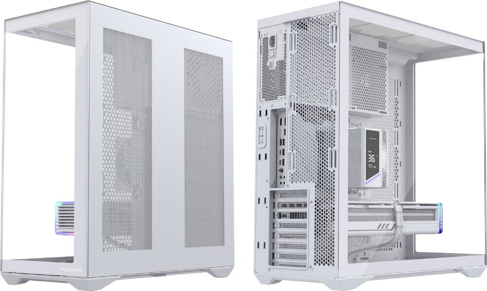 Obudowa MODECOM Volcano Space XL Full Tower NF Zestawienie dwóch rzutów obudowy komputerowej. Lewa strona pokazuje pustą konstrukcję z dwoma przeszklonymi ściankami i napisem 'VOLCANO' na dole. Prawa strona prezentuje tył obudowy z zamontowanymi podzespołami, zasilaczem w górnej części oraz licznymi otworami wentylacyjnymi