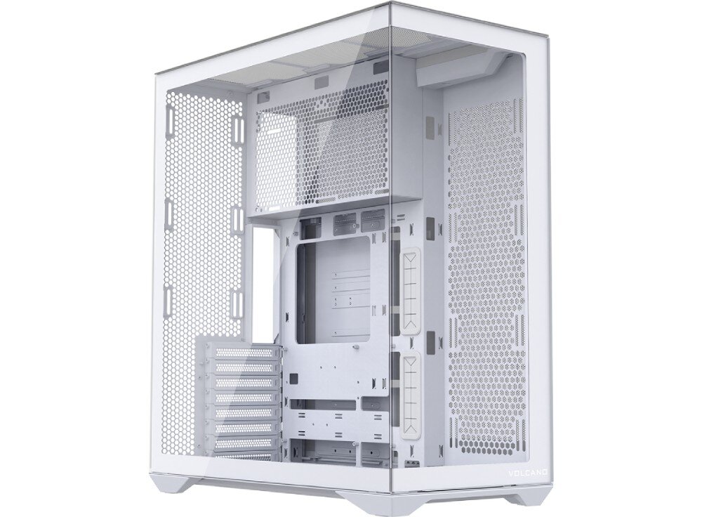 Obudowa MODECOM Volcano Space XL Full Tower NF Pusta obudowa komputerowa pokazana pod kątem. Przedni i boczny panel wykonano z przezroczystego szkła łączonego bez widocznej kolumny narożnej. Wewnątrz znajduje się miejsce na płytę główną, pionowe przepusty na kable z gumowymi osłonami oraz liczne punkty montażowe dla wentylatorów