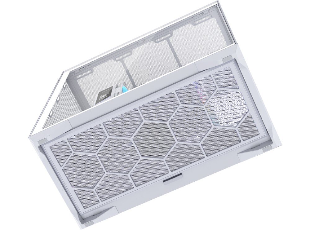 Obudowa MODECOM Volcano Space XL Full Tower NF Spód obudowy komputerowej z dużym filtrem przeciwkurzowym o wzorze heksagonalnym. Filtr zajmuje niemal całą dolną powierzchnię i chroni wnętrze przed zanieczyszczeniami. Konstrukcja opiera się na szerokich, stabilnych stopkach z podkładkami antypoślizgowymi