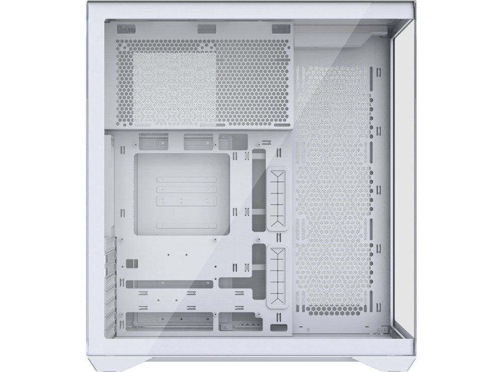 Obudowa MODECOM Volcano Space XL Full Tower NF Wnętrze pustej obudowy widziane z boku. Po lewej stronie znajduje się wnęka na zasilacz i dyski, a po prawej miejsce na płytę główną. Ściana boczna posiada gęstą perforację ułatwiającą przepływ powietrza oraz otwory do sprawnego prowadzenia przewodów