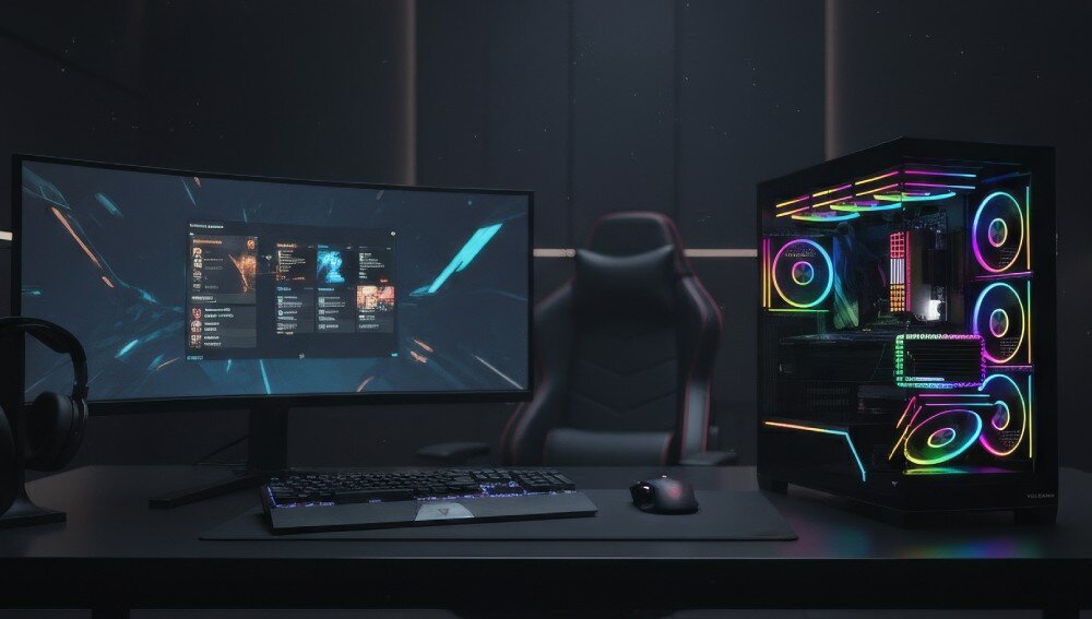 Obudowa MODECOM Volcano Stellar Plus ARGB 8F Midi Stanowisko komputerowe w ciemnym pomieszczeniu z szerokim monitorem, klawiaturą i myszką oraz stojącą po prawej stronie podświetloną obudową