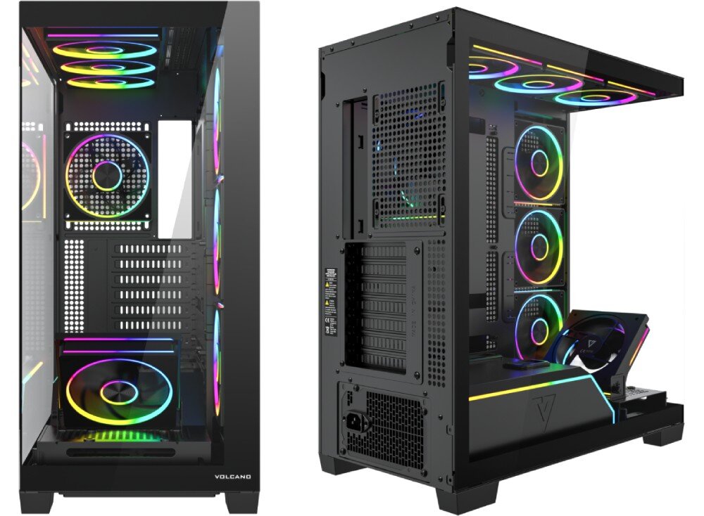 Obudowa MODECOM Volcano Stellar Plus ARGB 8F Midi Zestawienie dwóch widoków obudowy, przedstawiające ją od strony przeszklonego frontu oraz od tyłu z widocznymi śledziami kart rozszerzeń i wentylacją