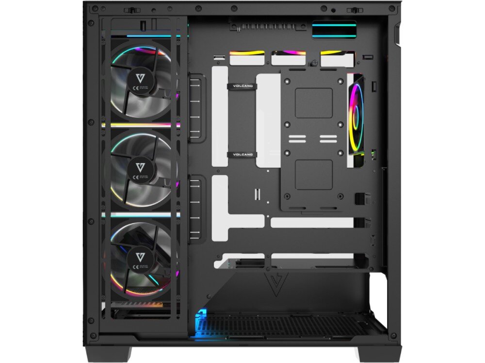 Obudowa MODECOM Volcano Stellar Plus ARGB 8F Midi Widok wnętrza obudowy od strony serwisowej po zdjęciu panelu bocznego, ukazujący system zarządzania okablowaniem i miejsca montażowe na dyski