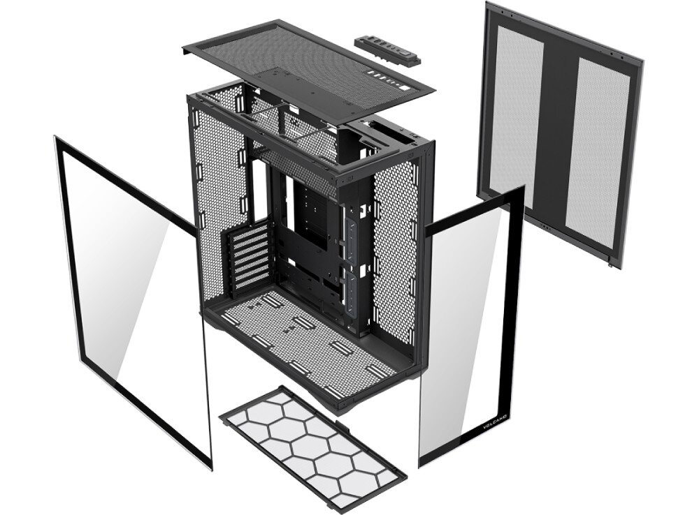 Obudowa MODECOM Volcano Space XL Full Tower NF Grafika przedstawia rozłożoną na części czarną obudowę komputerową typu dual chamber. Widoczne są oddzielone panele szklane, metalowe ściany z perforacją, filtry przeciwkurzowe o strukturze plastra miodu oraz górna pokrywa z panelem złącz