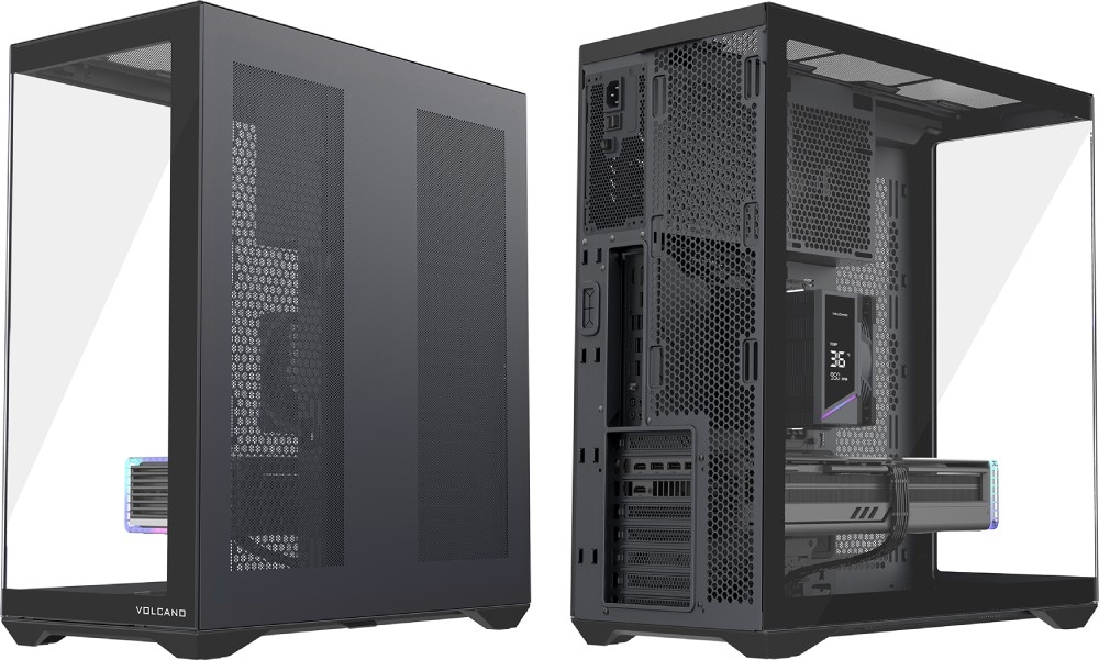 Obudowa MODECOM Volcano Space XL Full Tower NF Zestawienie dwóch rzutów obudowy komputerowej. Lewa strona pokazuje pustą konstrukcję z dwoma przeszklonymi ściankami i napisem 'VOLCANO' na dole. Prawa strona prezentuje tył obudowy z zamontowanymi podzespołami, zasilaczem w górnej części oraz licznymi otworami wentylacyjnymi