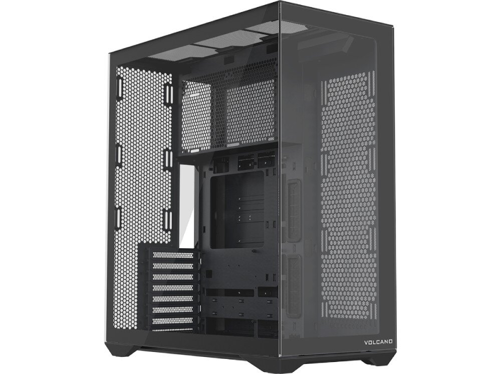 Obudowa MODECOM Volcano Space XL Full Tower NF Pusta, czarna obudowa komputerowa pokazana pod kątem. Przedni i boczny panel wykonano z przezroczystego szkła łączonego bez widocznej kolumny narożnej. Wewnątrz znajduje się miejsce na płytę główną, pionowe przepusty na kable z gumowymi osłonami oraz liczne punkty montażowe dla wentylatorów