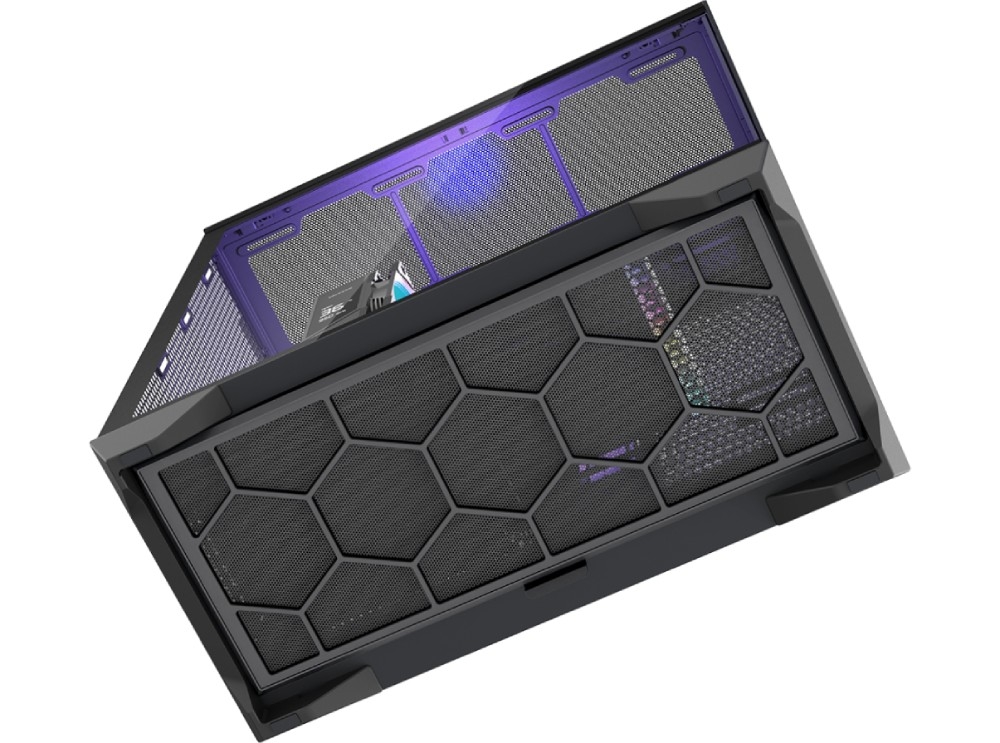 Obudowa MODECOM Volcano Space XL Full Tower NF Spód obudowy komputerowej z dużym filtrem przeciwkurzowym o wzorze heksagonalnym. Filtr zajmuje niemal całą dolną powierzchnię i chroni wnętrze przed zanieczyszczeniami. Konstrukcja opiera się na szerokich, stabilnych stopkach z podkładkami antypoślizgowymi