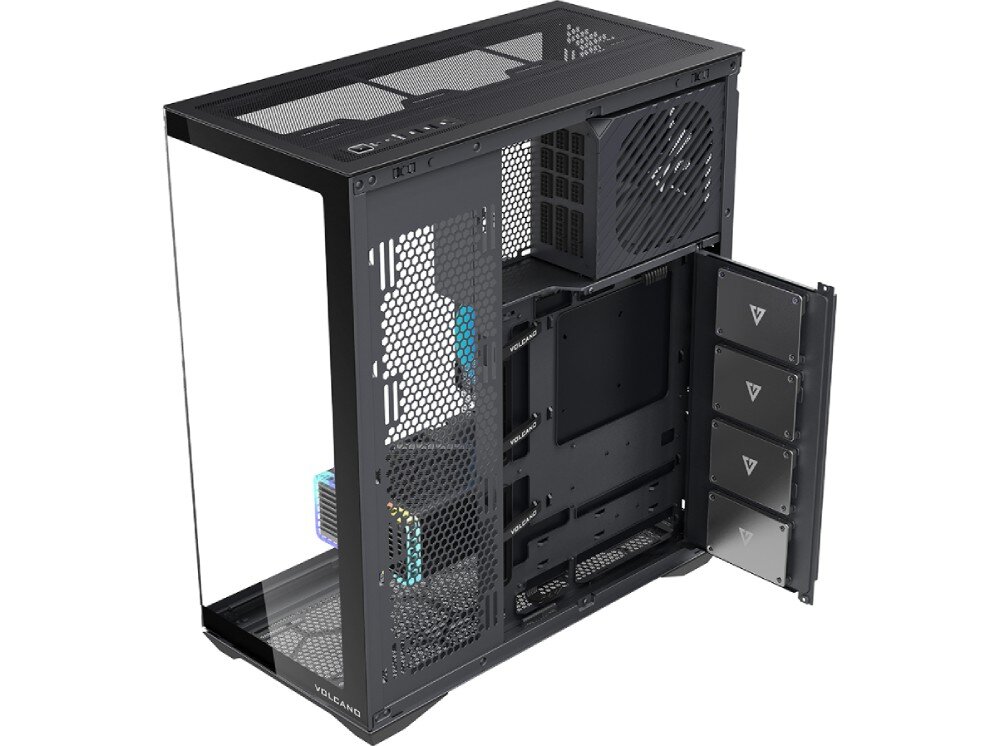 Obudowa MODECOM Volcano Space XL Full Tower NF Widok na tył i wnętrze obudowy od strony serwisowej. Otwarty metalowy panel odsłania miejsce montażu czterech dysków SSD oznaczonych logotypem w kształcie litery V. W górnej części zamocowano zasilacz z dużym wentylatorem, a kable są uporządkowane za pomocą rzepów