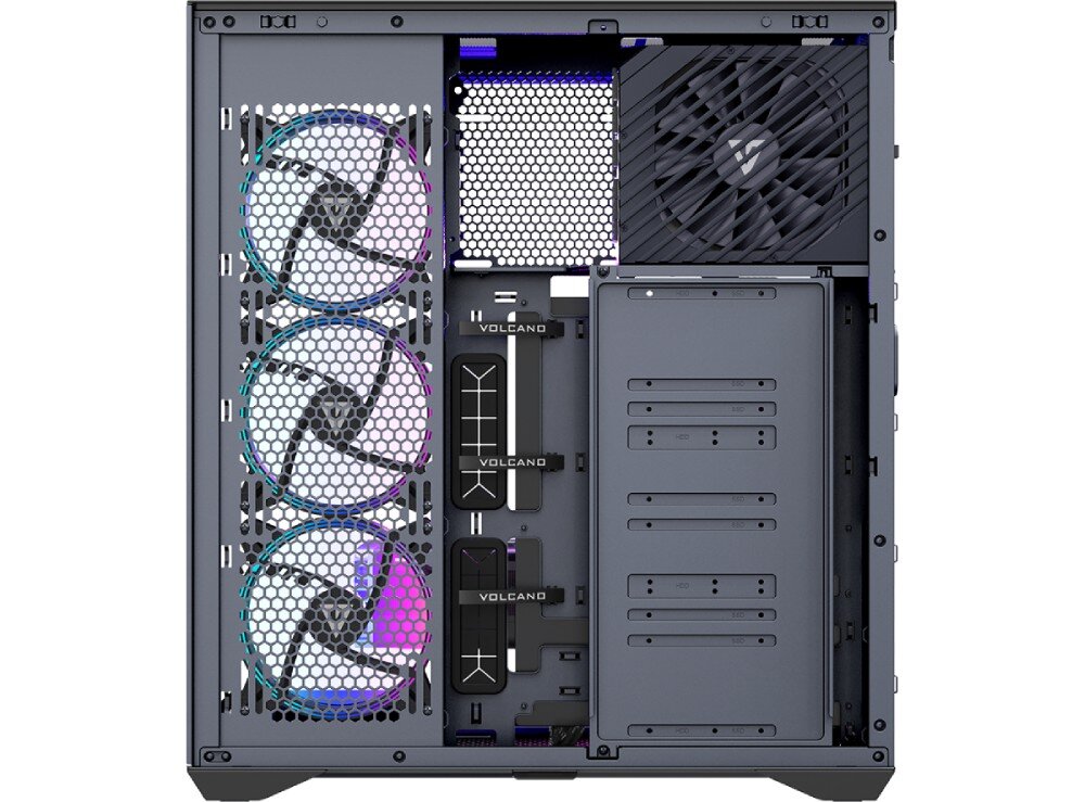 Obudowa MODECOM Volcano Space XL ARGB Full Tower 5F Widok na tył wnętrza obudowy po zdjęciu bocznego panelu. W górnym prawym rogu znajduje się zasilacz z dużym wentylatorem osłoniętym skośnym grillem. Po lewej stronie widać dużą powierzchnię o strukturze plastra miodu, a w centralnej części trzy rzepy do spinania kabli z napisem 'VOLCANO'