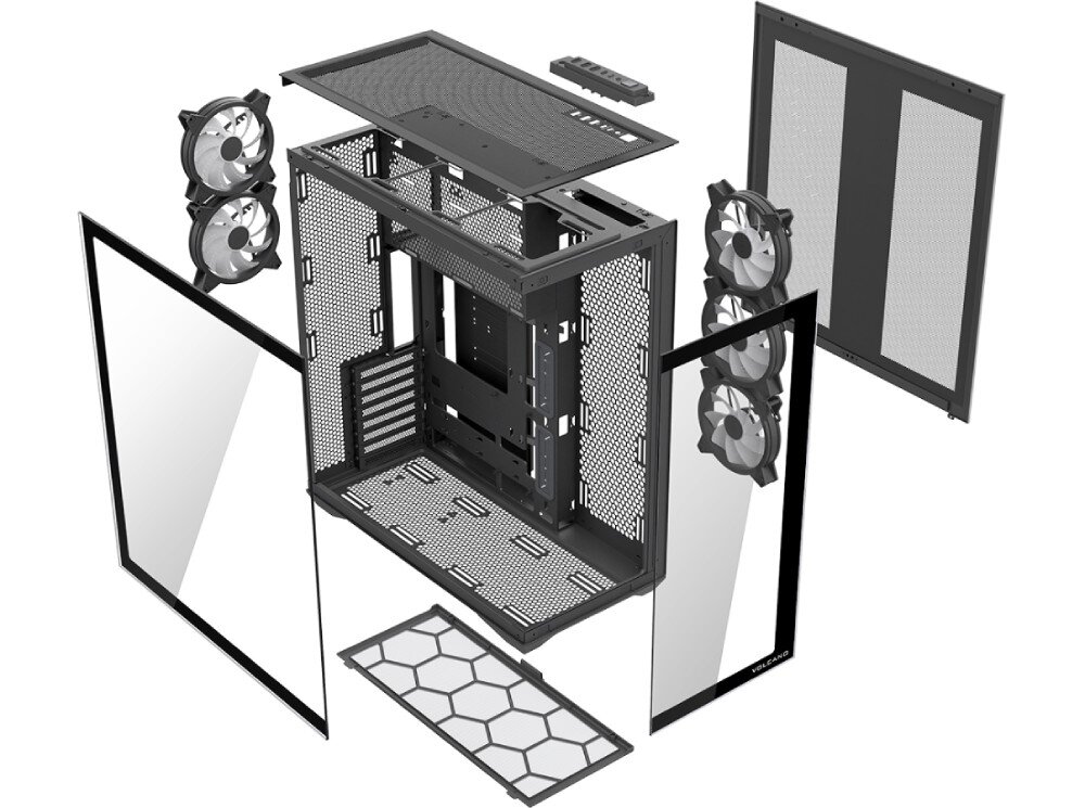 Obudowa MODECOM Volcano Space XL ARGB Full Tower 5F Grafika przedstawia rozłożoną na części czarną obudowę komputerową typu dual chamber. Widoczne są oddzielone panele szklane, metalowe ściany z perforacją, filtry przeciwkurzowe o strukturze plastra miodu oraz górna pokrywa z panelem złącz