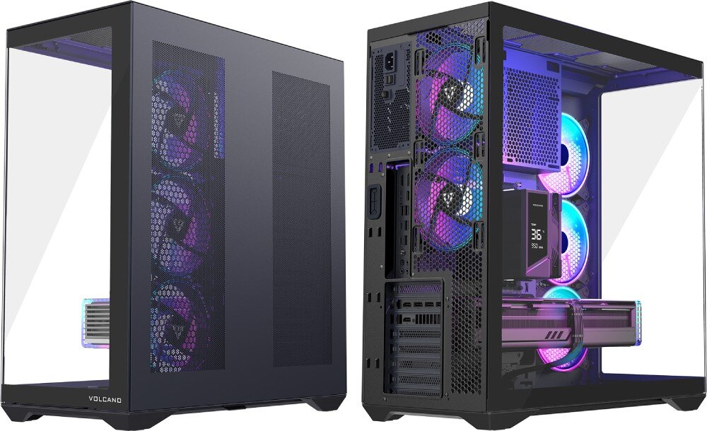 Obudowa MODECOM Volcano Space XL ARGB Full Tower 5F Zestawienie dwóch rzutów obudowy komputerowej. Lewa strona pokazuje pustą konstrukcję z dwoma przeszklonymi ściankami i napisem 'VOLCANO' na dole. Prawa strona prezentuje tył obudowy z zamontowanymi podzespołami, zasilaczem w górnej części oraz licznymi otworami wentylacyjnymi