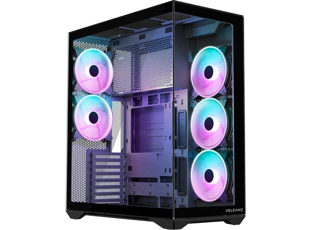 Obudowa MODECOM Volcano Space XL ARGB Full Tower 5F Pusta, czarna obudowa komputerowa pokazana pod kątem. Przedni i boczny panel wykonano z przezroczystego szkła łączonego bez widocznej kolumny narożnej. Wewnątrz znajduje się miejsce na płytę główną, pionowe przepusty na kable z gumowymi osłonami oraz liczne punkty montażowe dla wentylatorów