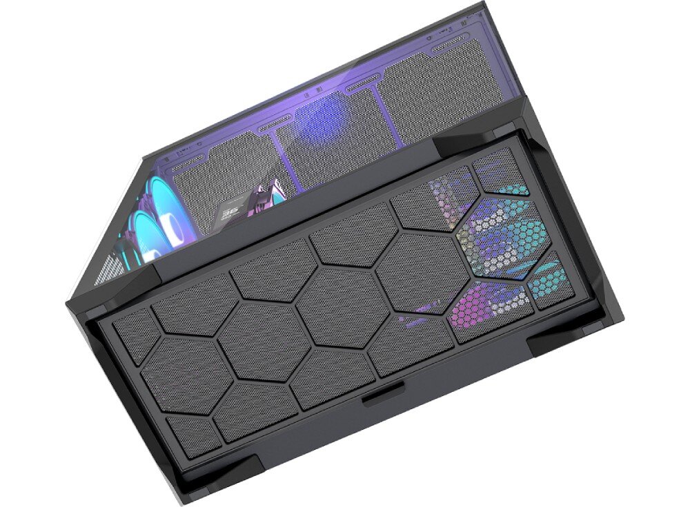 Obudowa MODECOM Volcano Space XL ARGB Full Tower 5F Spód obudowy komputerowej z dużym filtrem przeciwkurzowym o wzorze heksagonalnym. Filtr zajmuje niemal całą dolną powierzchnię i chroni wnętrze przed zanieczyszczeniami. Konstrukcja opiera się na szerokich, stabilnych stopkach z podkładkami antypoślizgowymi