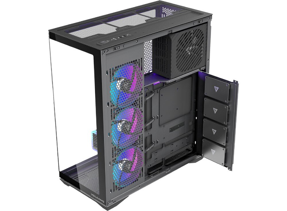 Obudowa MODECOM Volcano Space XL ARGB Full Tower 5F Widok na tył i wnętrze obudowy od strony serwisowej. Otwarty metalowy panel odsłania miejsce montażu czterech dysków SSD oznaczonych logotypem w kształcie litery V. W górnej części zamocowano zasilacz z dużym wentylatorem, a kable są uporządkowane za pomocą rzepów