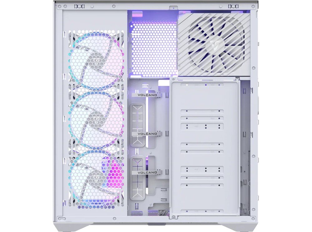 Obudowa MODECOM Volcano Space XL ARGB Full Tower 5F Widok na tył wnętrza obudowy po zdjęciu bocznego panelu. W górnym prawym rogu znajduje się zasilacz z dużym wentylatorem osłoniętym skośnym grillem. Po lewej stronie widać dużą powierzchnię o strukturze plastra miodu, a w centralnej części trzy rzepy do spinania kabli z napisem 'VOLCANO'