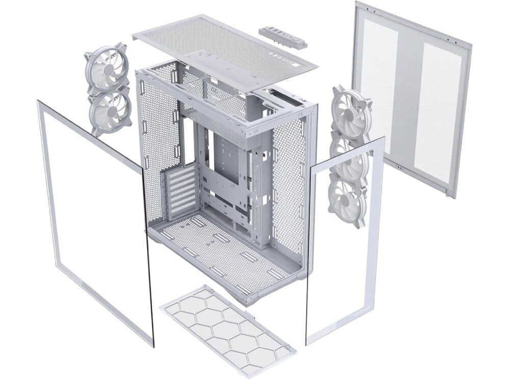 Obudowa MODECOM Volcano Space XL ARGB Full Tower 5F Grafika przedstawia rozłożoną na części obudowę komputerową typu dual chamber. Widoczne są oddzielone panele szklane, metalowe ściany z perforacją, filtry przeciwkurzowe o strukturze plastra miodu oraz górna pokrywa z panelem złącz
