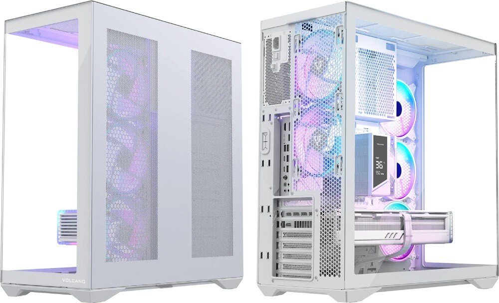 Obudowa MODECOM Volcano Space XL ARGB Full Tower 5F Zestawienie dwóch rzutów obudowy komputerowej. Lewa strona pokazuje pustą konstrukcję z dwoma przeszklonymi ściankami i napisem 'VOLCANO' na dole. Prawa strona prezentuje tył obudowy z zamontowanymi podzespołami, zasilaczem w górnej części oraz licznymi otworami wentylacyjnymi