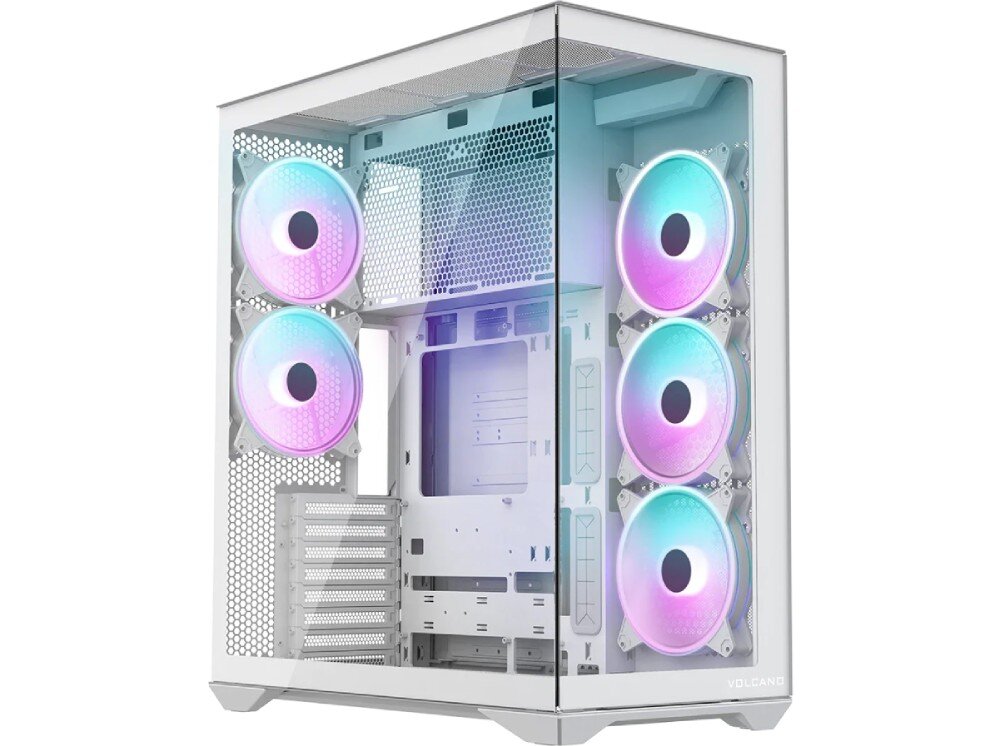 Obudowa MODECOM Volcano Space XL ARGB Full Tower 5F Pusta obudowa komputerowa pokazana pod kątem. Przedni i boczny panel wykonano z przezroczystego szkła łączonego bez widocznej kolumny narożnej. Wewnątrz znajduje się miejsce na płytę główną, pionowe przepusty na kable z gumowymi osłonami oraz liczne punkty montażowe dla wentylatorów