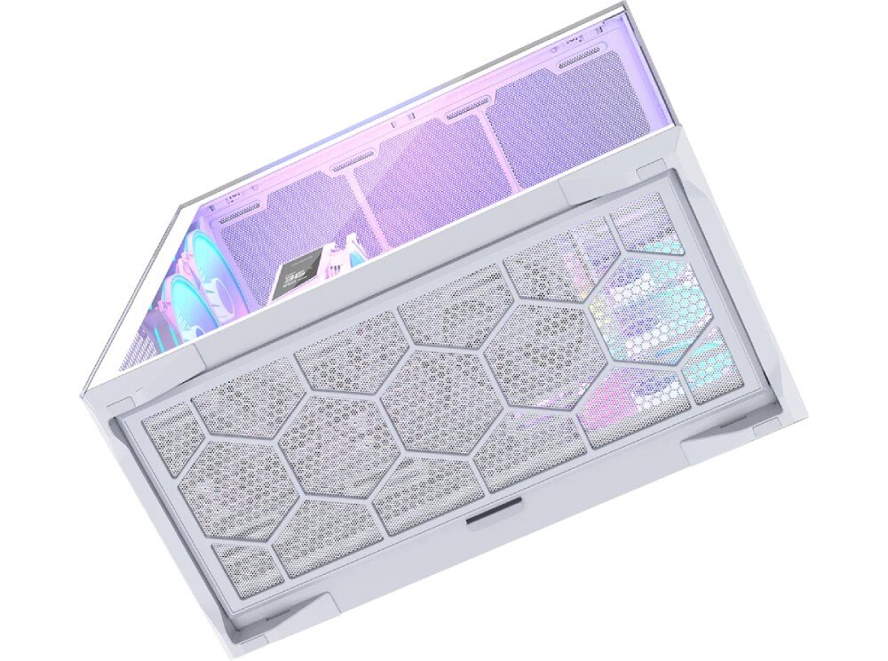 Obudowa MODECOM Volcano Space XL ARGB Full Tower 5F Spód obudowy komputerowej z dużym filtrem przeciwkurzowym o wzorze heksagonalnym. Filtr zajmuje niemal całą dolną powierzchnię i chroni wnętrze przed zanieczyszczeniami. Konstrukcja opiera się na szerokich, stabilnych stopkach z podkładkami antypoślizgowymi