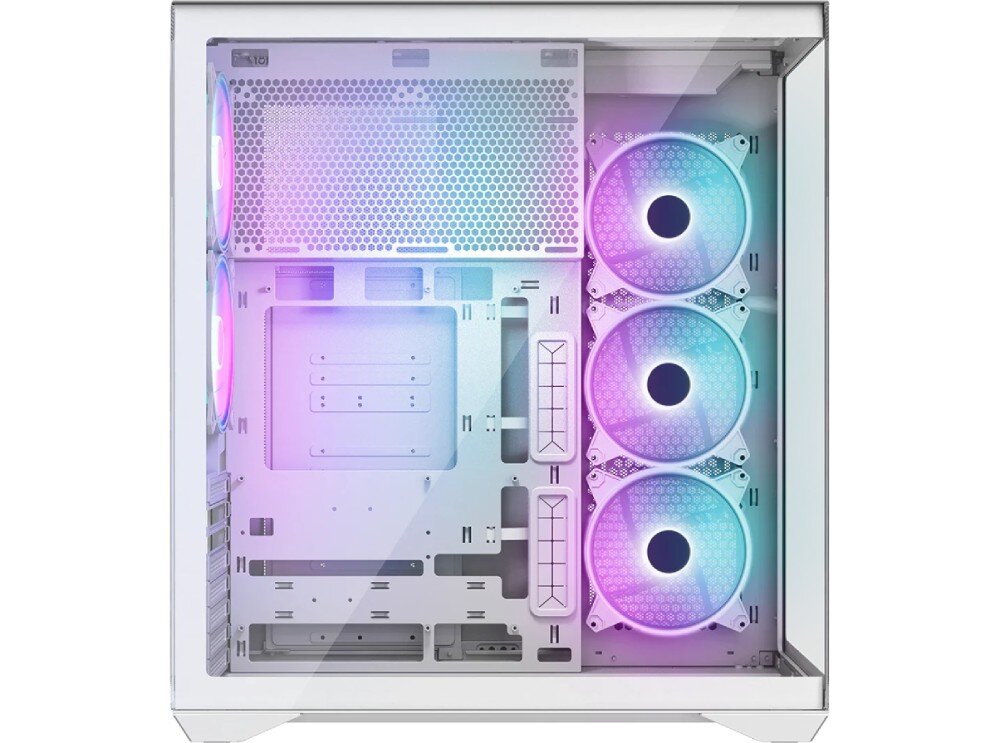 Obudowa MODECOM Volcano Space XL ARGB Full Tower 5F Wnętrze pustej obudowy widziane z boku. Po lewej stronie znajduje się wnęka na zasilacz i dyski, a po prawej miejsce na płytę główną. Ściana boczna posiada gęstą perforację ułatwiającą przepływ powietrza oraz otwory do sprawnego prowadzenia przewodów