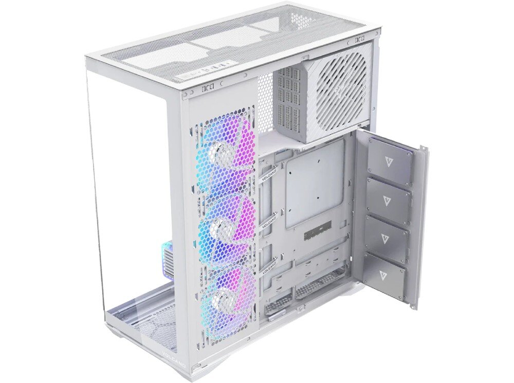 Obudowa MODECOM Volcano Space XL ARGB Full Tower 5F Widok na tył i wnętrze obudowy od strony serwisowej. Otwarty metalowy panel odsłania miejsce montażu czterech dysków SSD oznaczonych logotypem w kształcie litery V. W górnej części zamocowano zasilacz z dużym wentylatorem, a kable są uporządkowane za pomocą rzepów