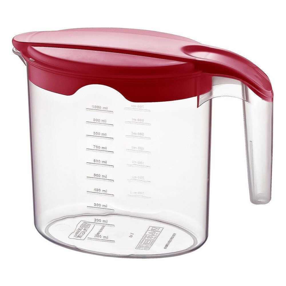 Przezroczysty dzbanek plastikowy z czerwonym uchwytem i pokrywką, z miarką od 200 ml do 1000 ml oraz oznaczeniem \'1 L\' na spodzie.