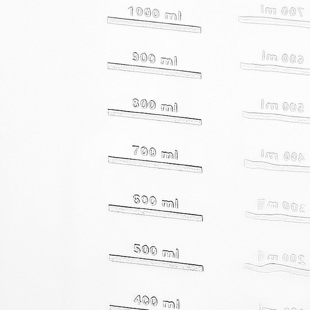Obraz przedstawia miarkę z oznaczeniami objętości w mililitrach: 1000 ml, 900 ml, 800 ml, 700 ml, 600 ml, 500 ml, 400 ml.