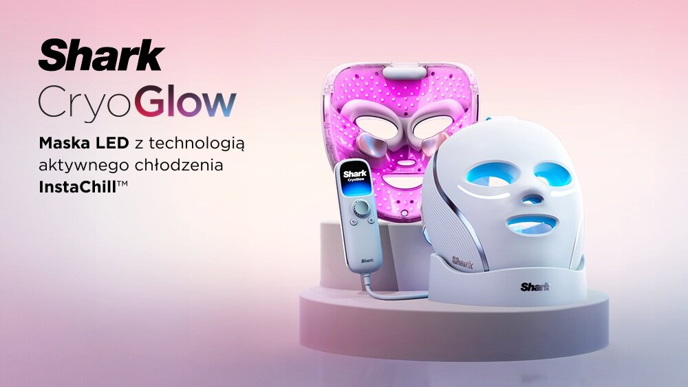 Na obrazie widoczne są dwie maski LED do twarzy oraz pilot z logo Shark. Obok znajduje się tekst: \'Shark CryoGlow Maska LED z technologią aktywnego chłodzenia InstaChill™\'.