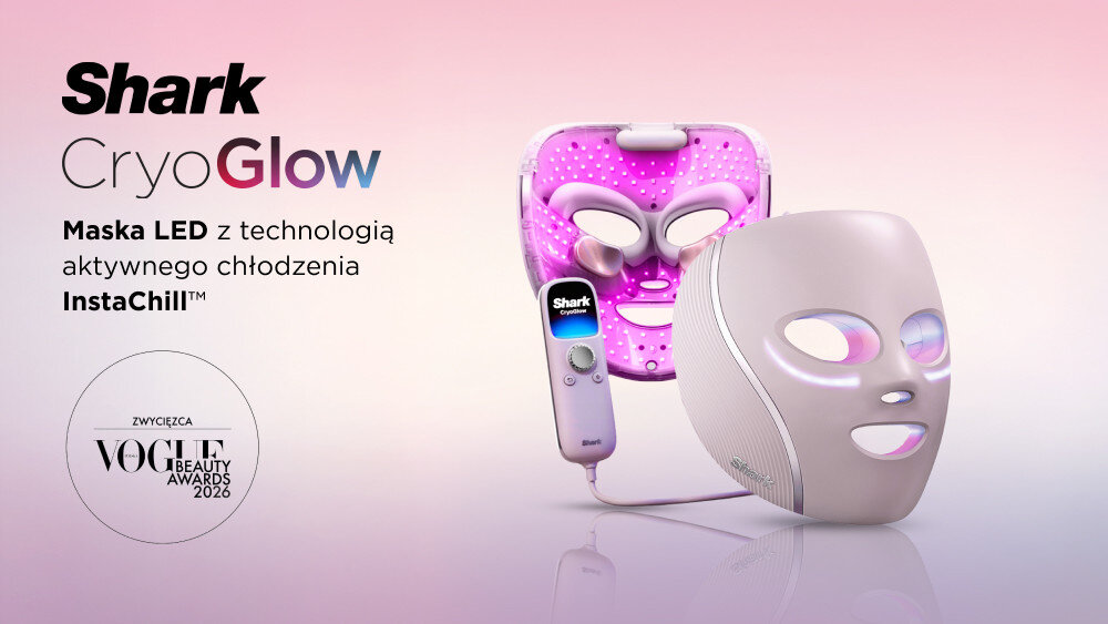 Obraz przedstawia maskę LED do twarzy z technologią aktywnego chłodzenia InstaChill™ oraz pilotem z logo Shark. Widoczny jest tekst: \'Maska LED z technologią aktywnego chłodzenia InstaChill™\' oraz \'Zwycięzca VOGUE Beauty Awards 2026\'.
